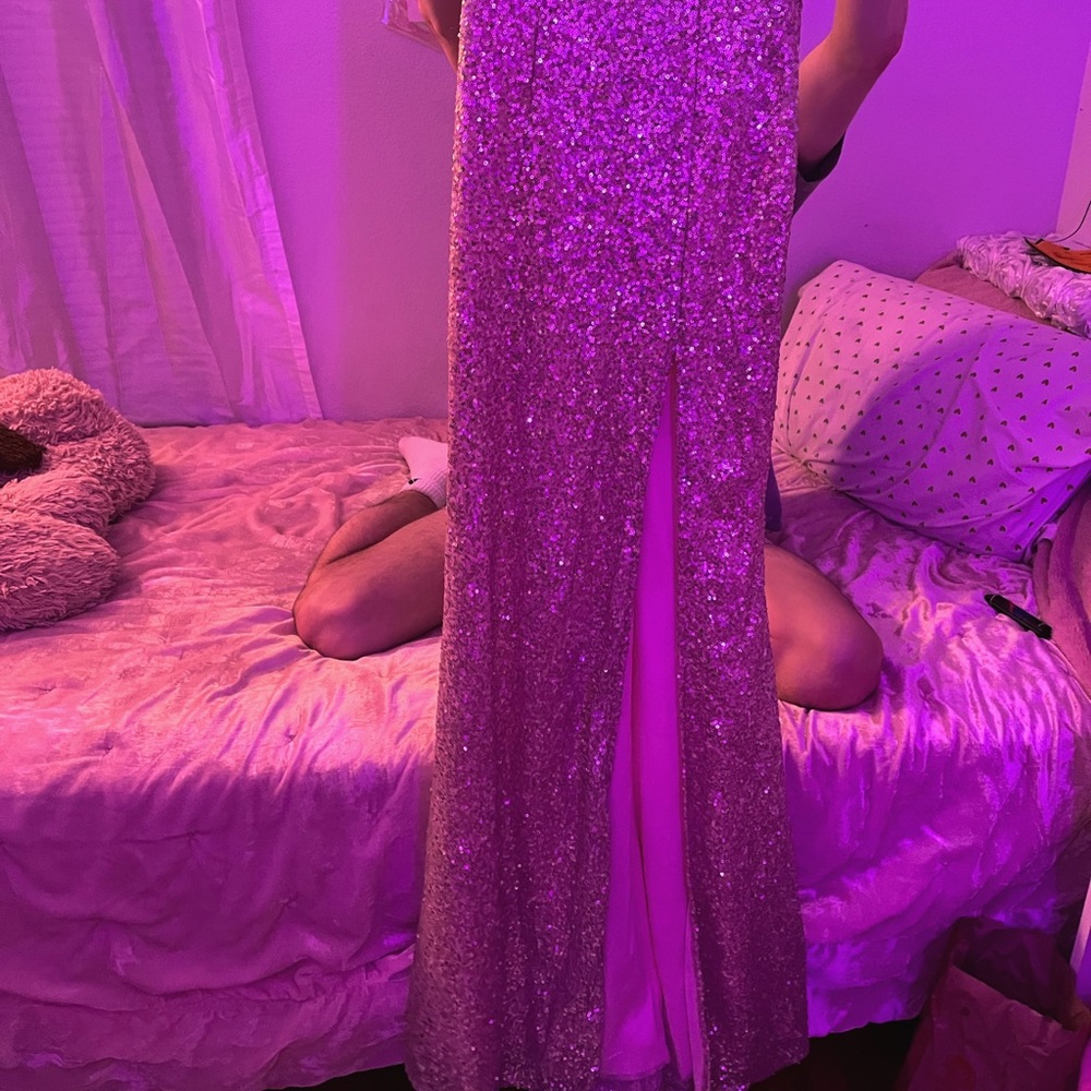 off shoulder rose gold/light pink long slim dress with slit